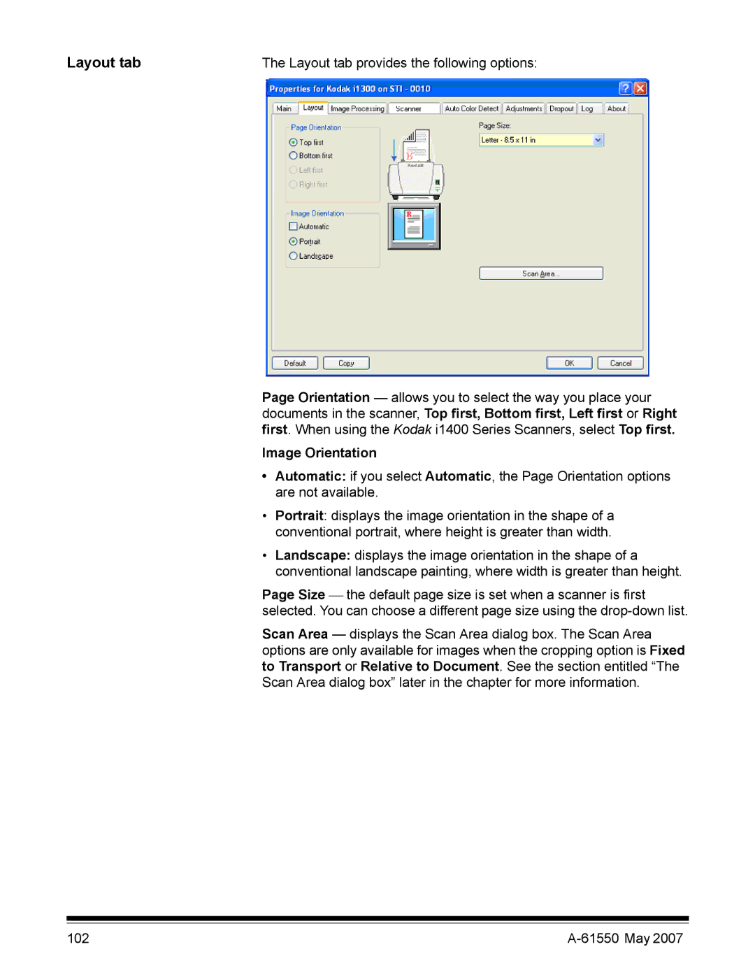 Kodak I1400 manual Layout tab, Image Orientation 