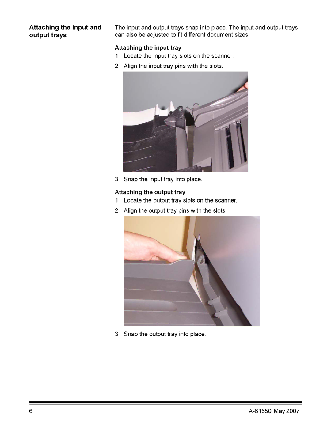 Kodak I1400 manual Output trays, Attaching the input tray, Attaching the output tray 