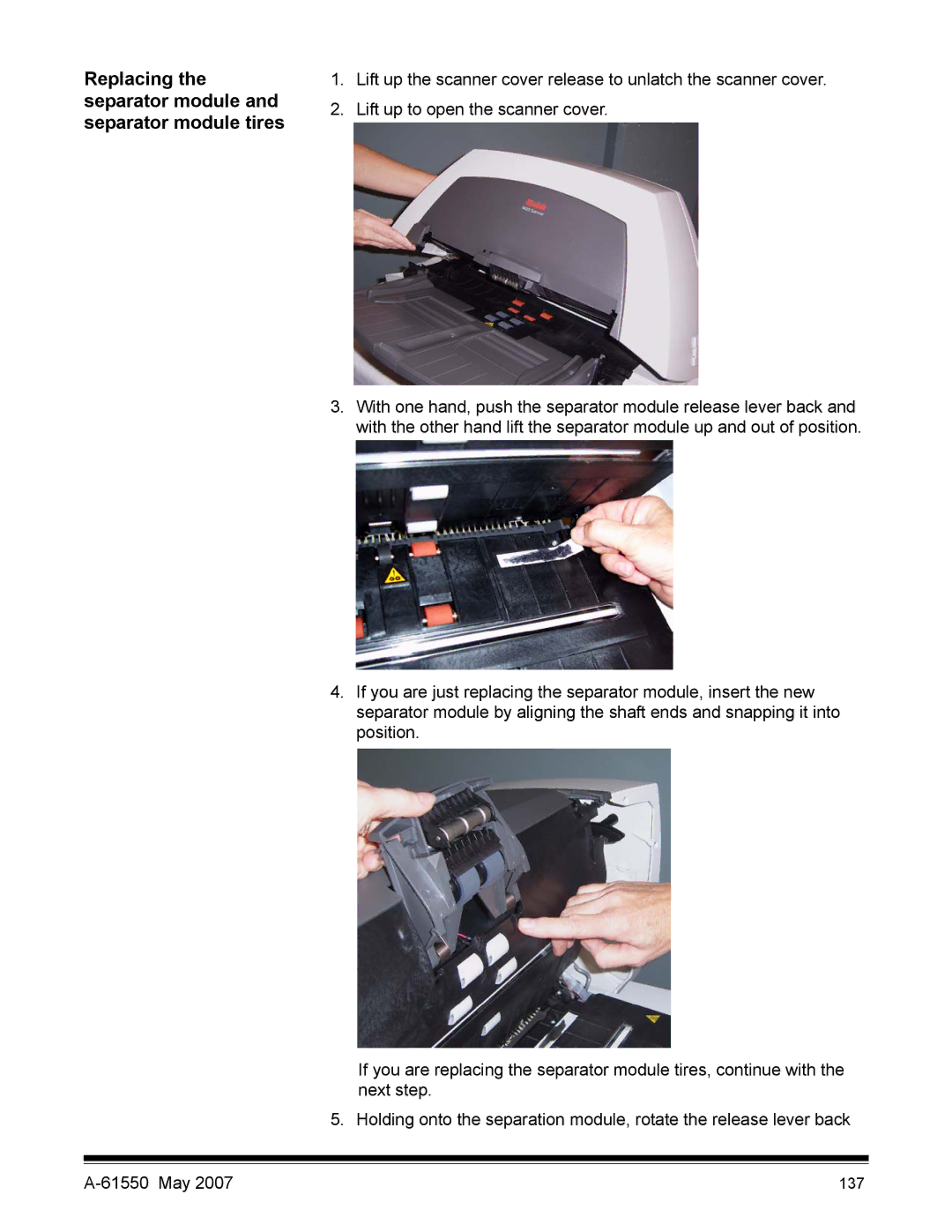 Kodak I1400 manual Replacing the separator module and separator module tires 