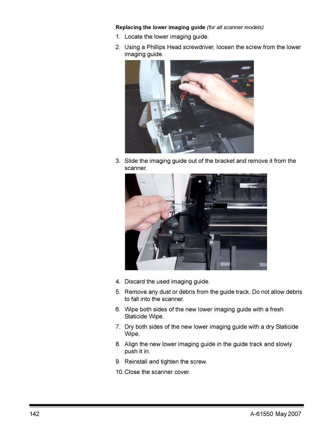 Kodak I1400 manual Replacing the lower imaging guide for all scanner models 