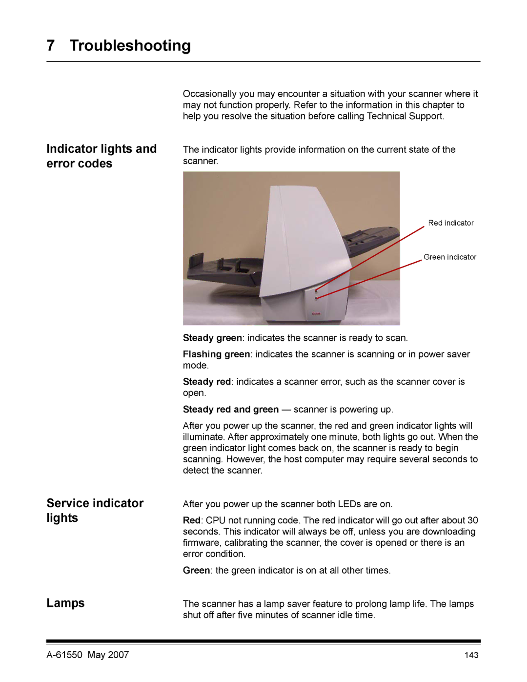 Kodak I1400 manual Indicator lights and error codes, Service indicator lights Lamps 