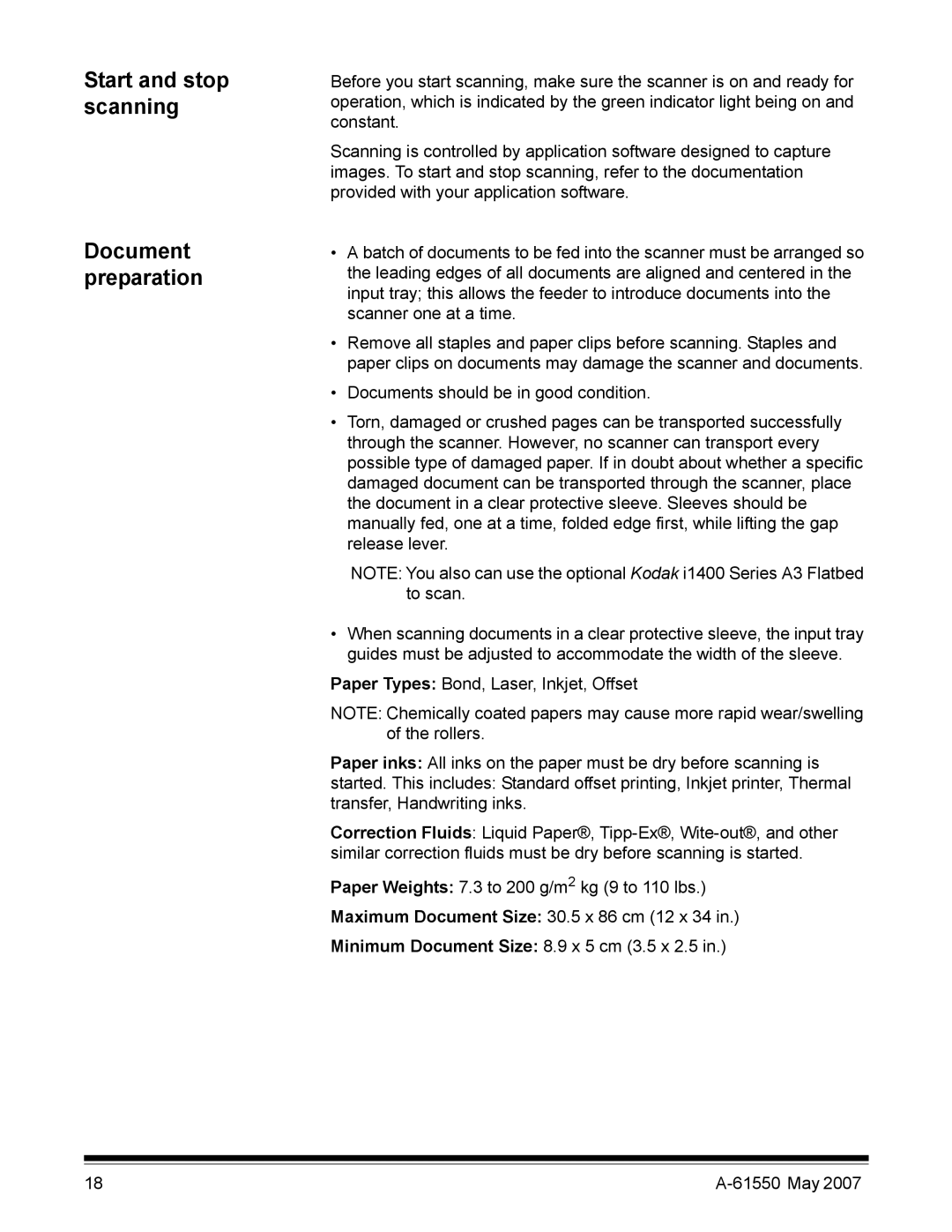 Kodak I1400 manual Start and stop scanning, Document preparation 