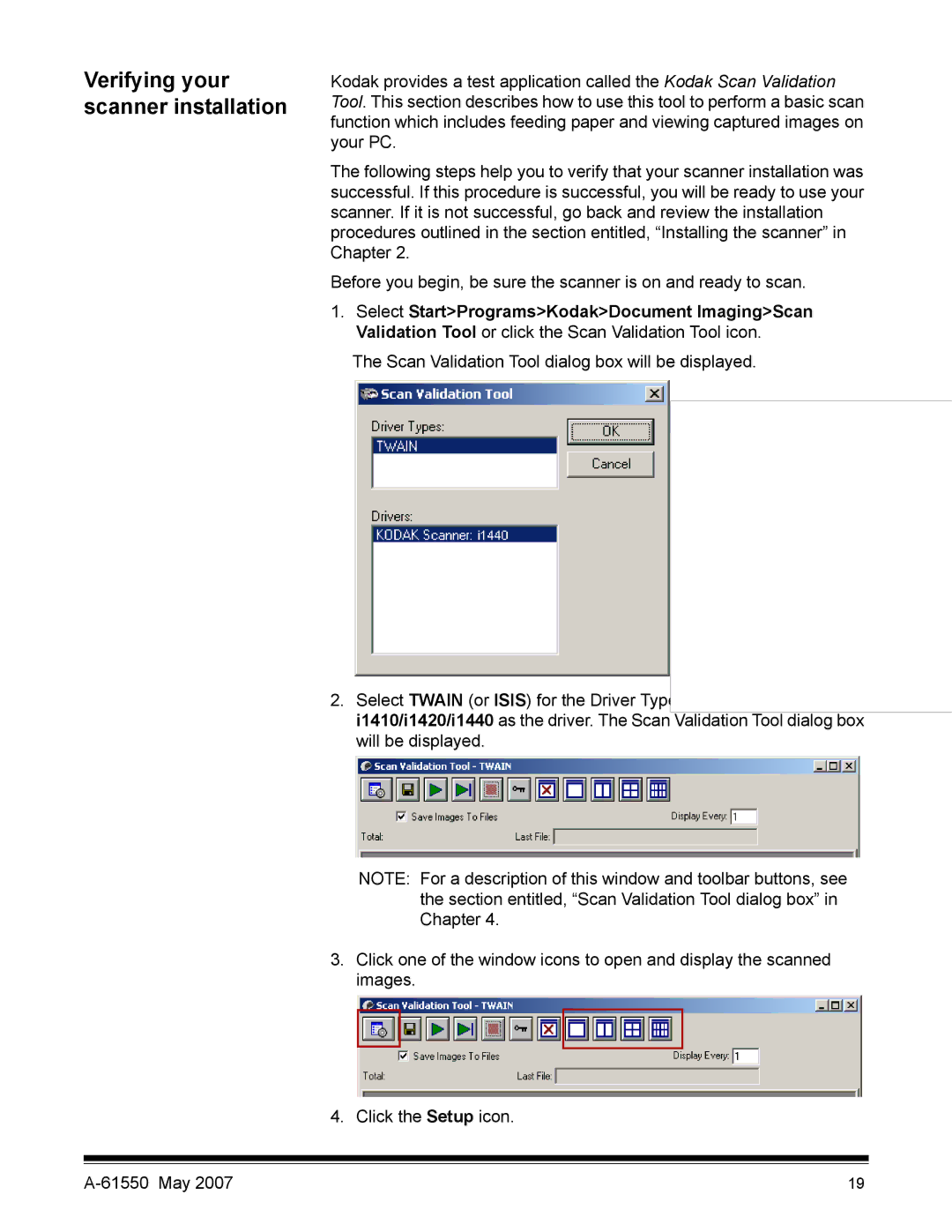 Kodak I1400 manual Verifying your scanner installation 