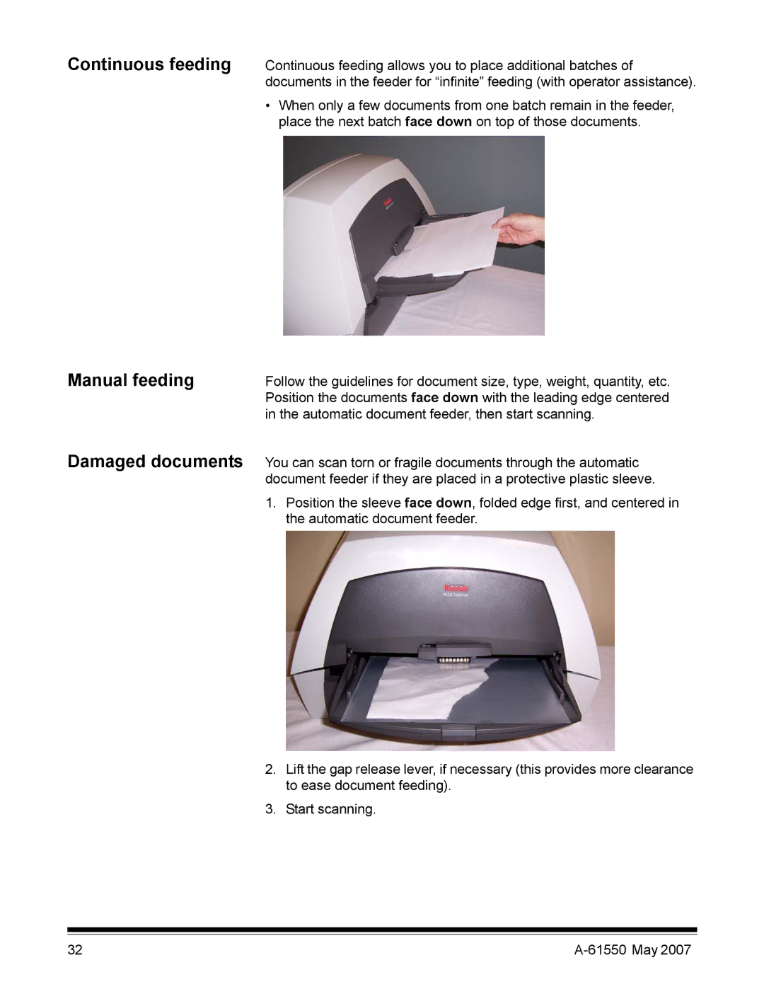 Kodak I1400 manual Continuous feeding Manual feeding Damaged documents 