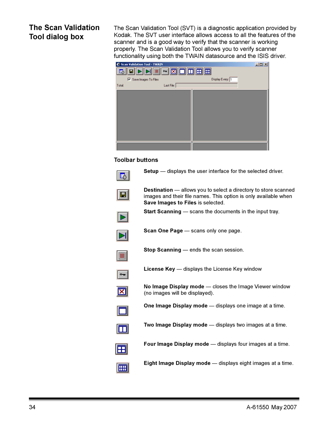 Kodak I1400 manual Scan Validation Tool dialog box, Toolbar buttons 
