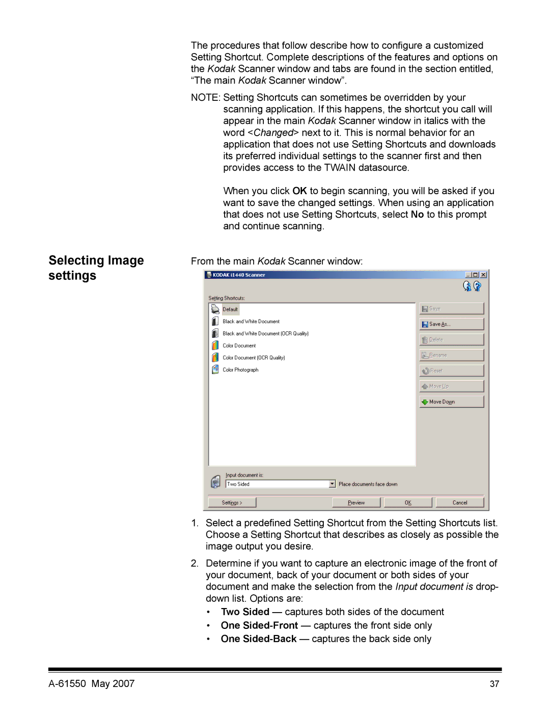 Kodak I1400 manual Selecting Image settings 