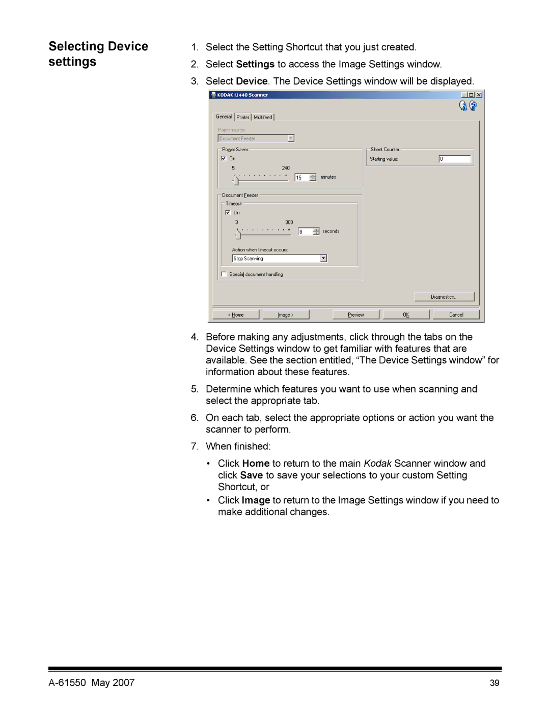 Kodak I1400 manual Selecting Device settings 