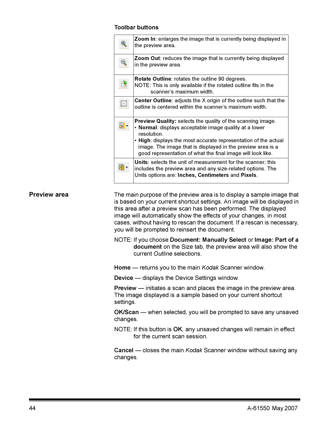 Kodak I1400 manual Preview area, Toolbar buttons 