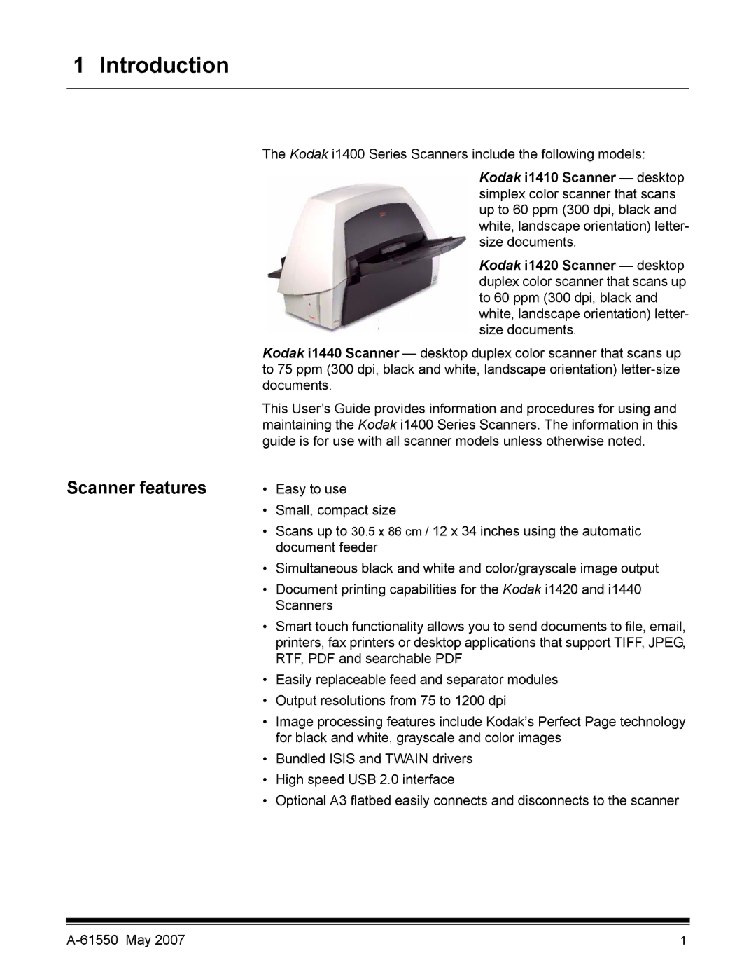 Kodak I1400 manual Introduction, Scanner features 