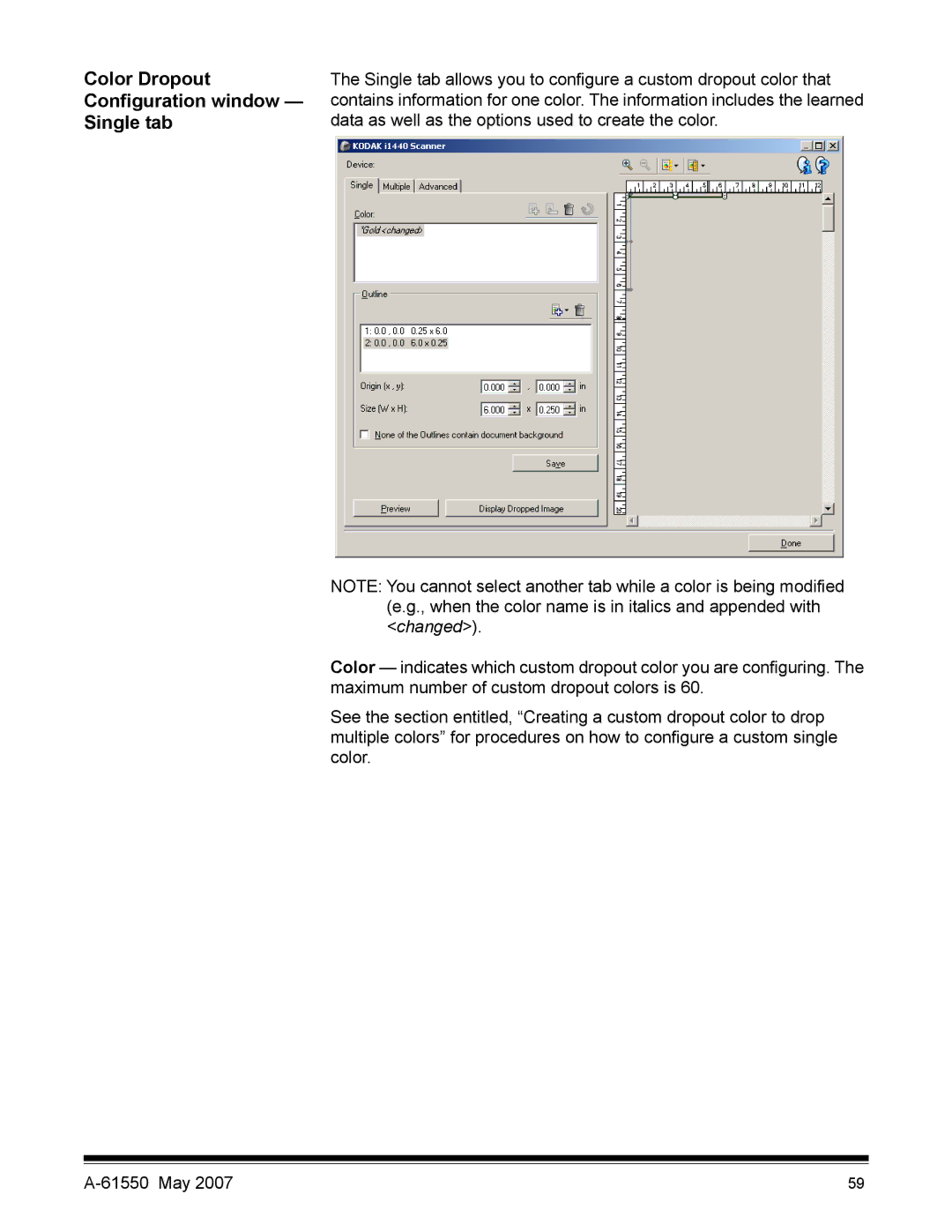 Kodak I1400 manual Color Dropout Configuration window Single tab 