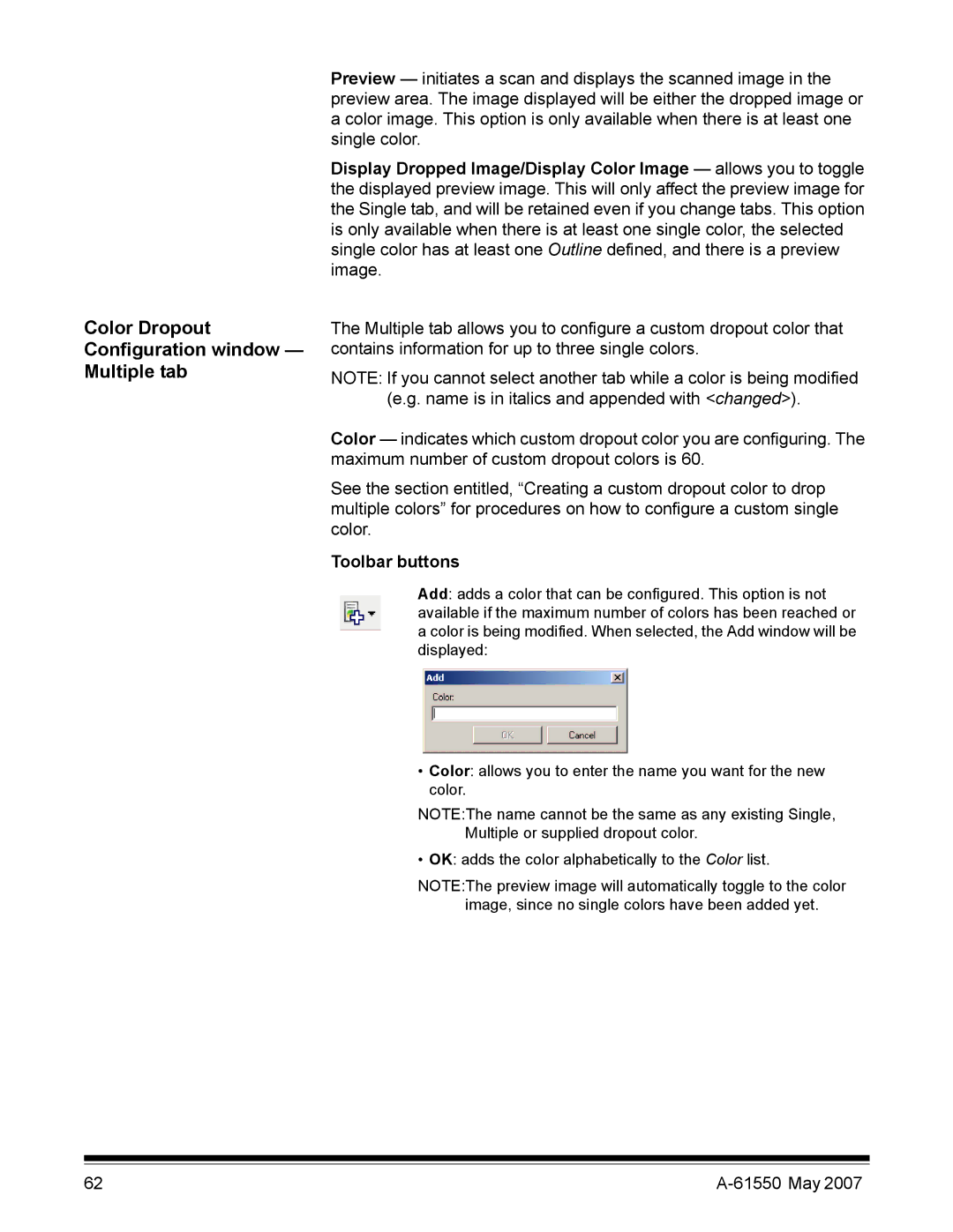 Kodak I1400 manual Color Dropout Configuration window Multiple tab 