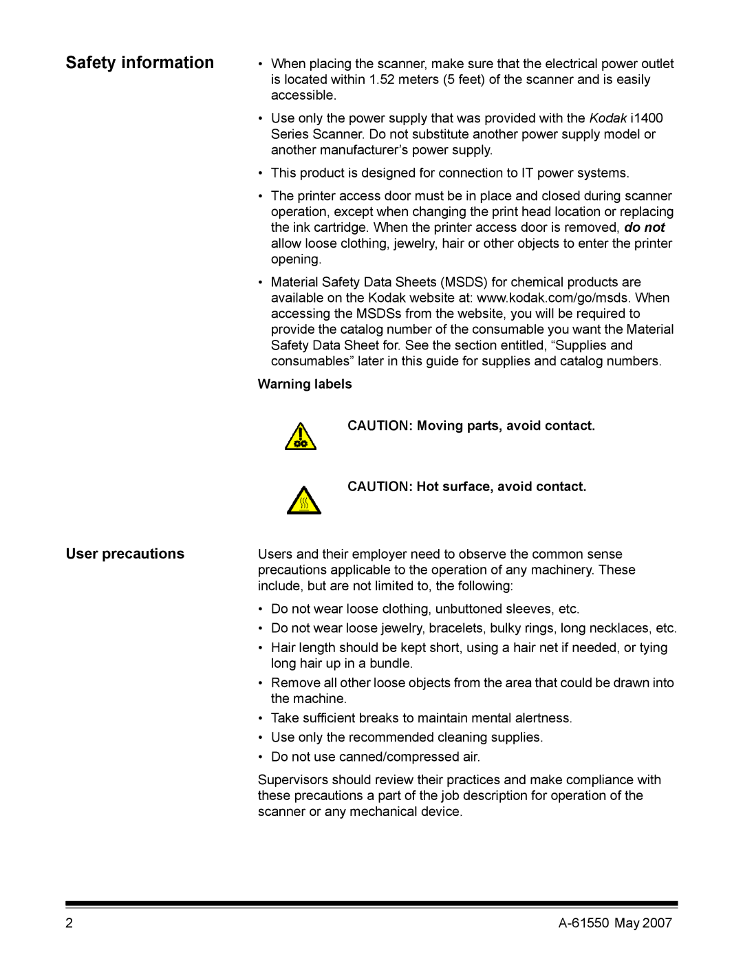 Kodak I1400 manual Safety information, User precautions 