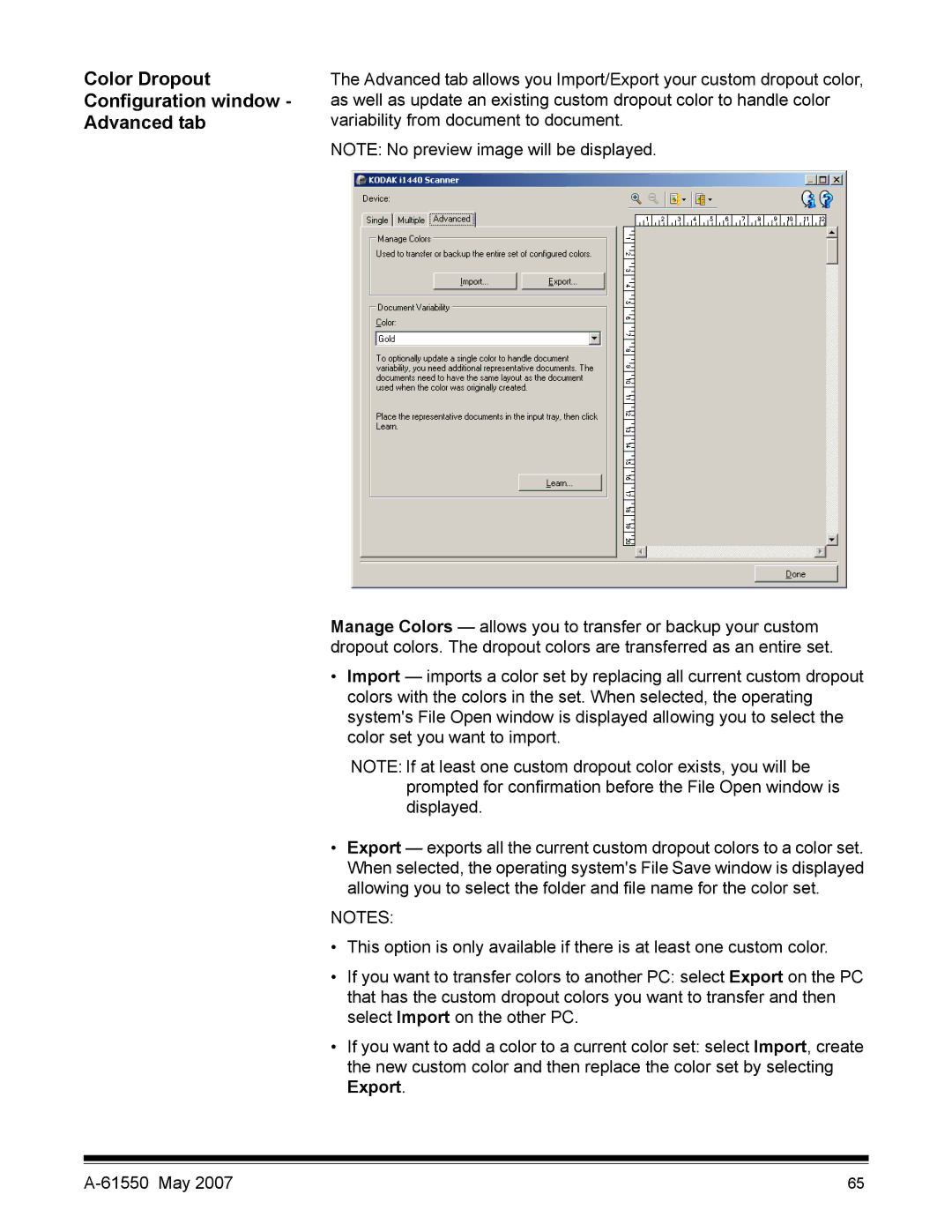 Kodak I1400 manual Color Dropout Configuration window Advanced tab 