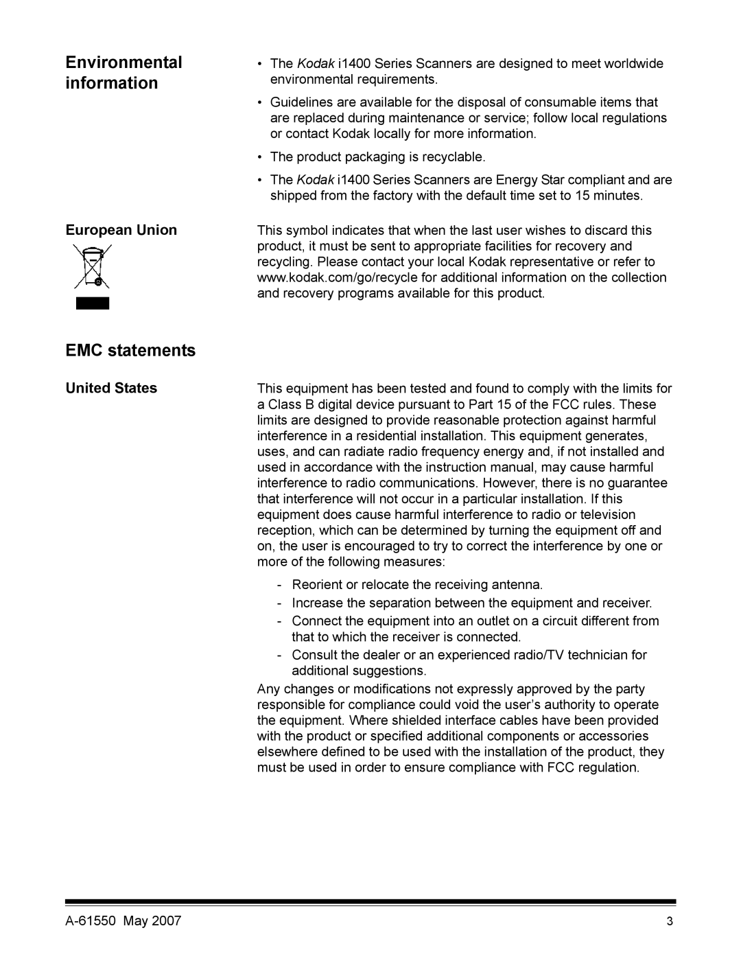 Kodak I1400 manual EMC statements, European Union, United States 