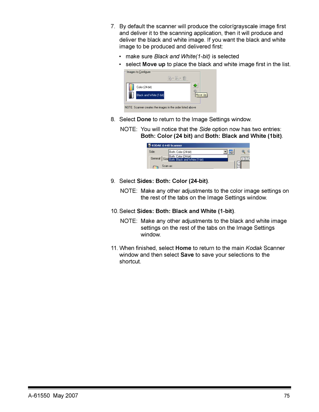 Kodak I1400 manual Make sure Black and White1-bit is selected, Select Sides Both Color 24-bit 