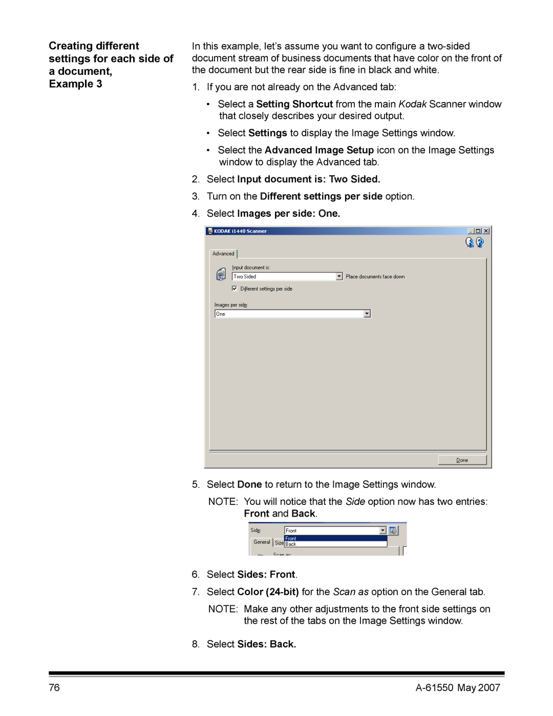 Kodak I1400 manual Creating different settings for each side Document, Example, Select Sides Front, Select Sides Back 