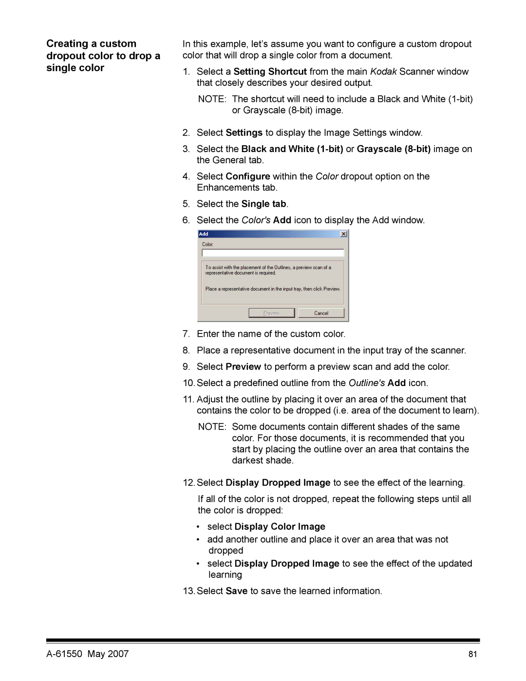 Kodak I1400 manual Creating a custom dropout color to drop a single color, Select Display Color Image 
