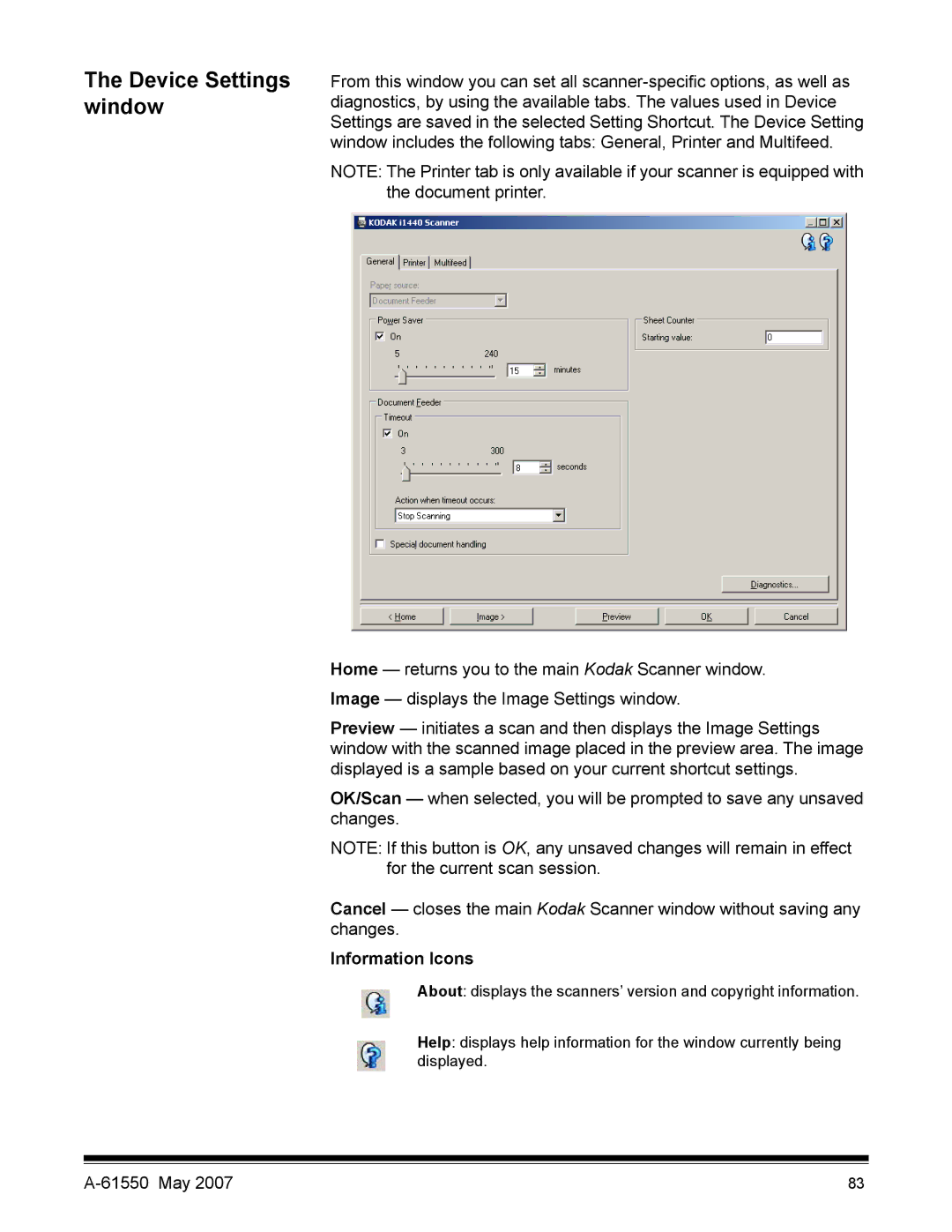 Kodak I1400 manual Device Settings window, Information Icons 