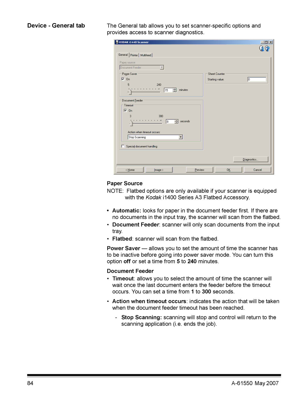 Kodak I1400 manual Device General tab, Paper Source, Document Feeder 