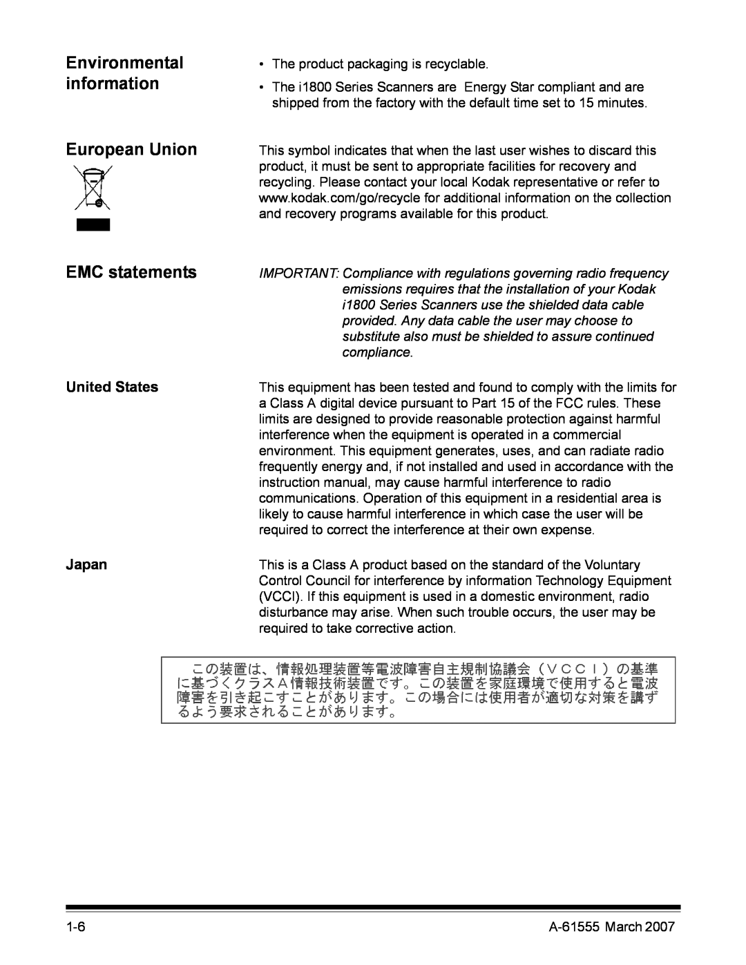 Kodak i1800 Series manual European Union, EMC statements, Environmental information, United States, Japan 