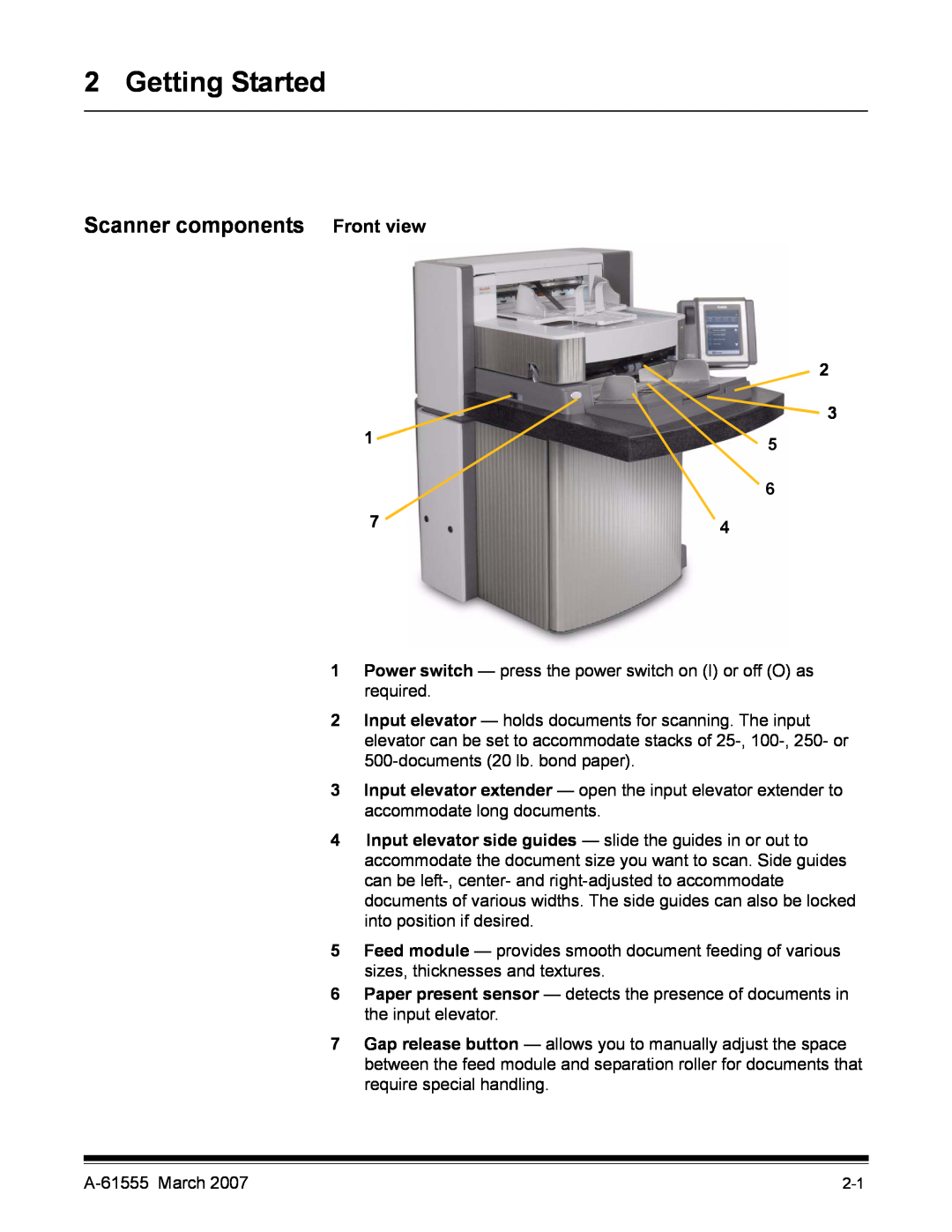Kodak i1800 Series manual Getting Started, Scanner components Front view 