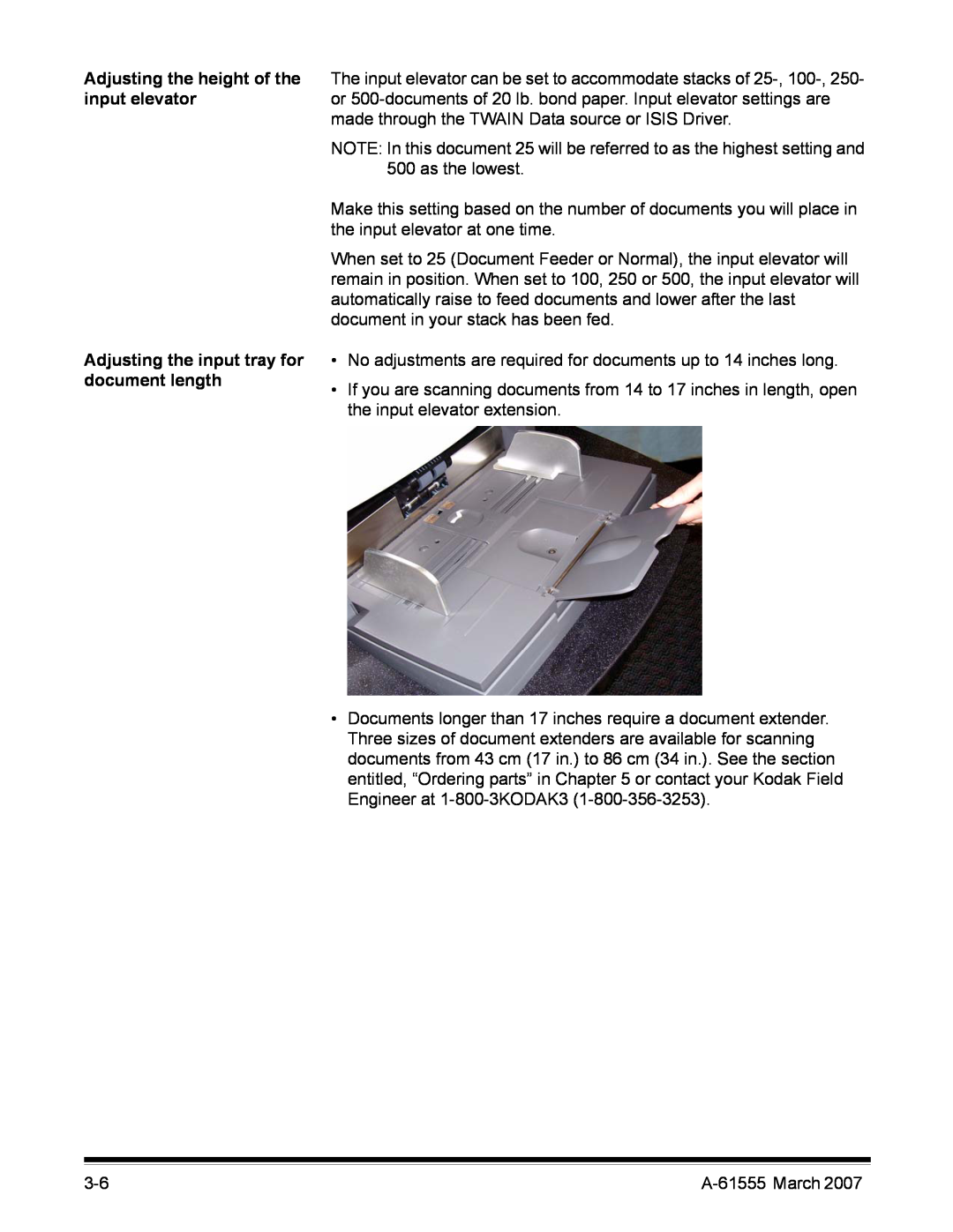 Kodak i1800 Series manual Adjusting the height of the input elevator, Adjusting the input tray for document length 