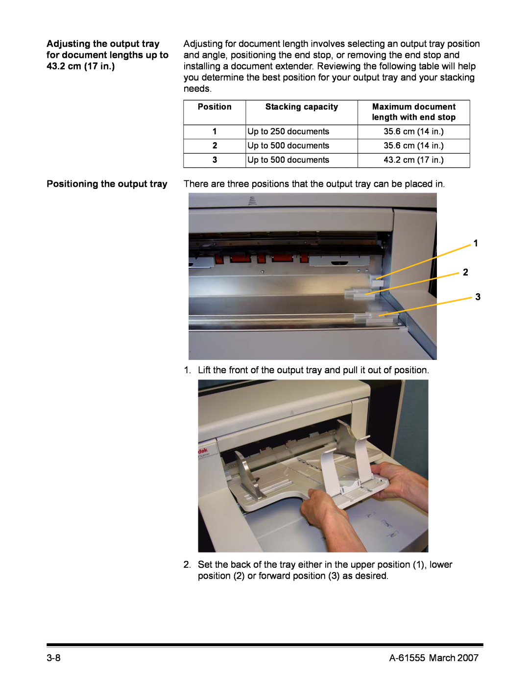 Kodak i1800 Series manual Positioning the output tray, 1 2 3 