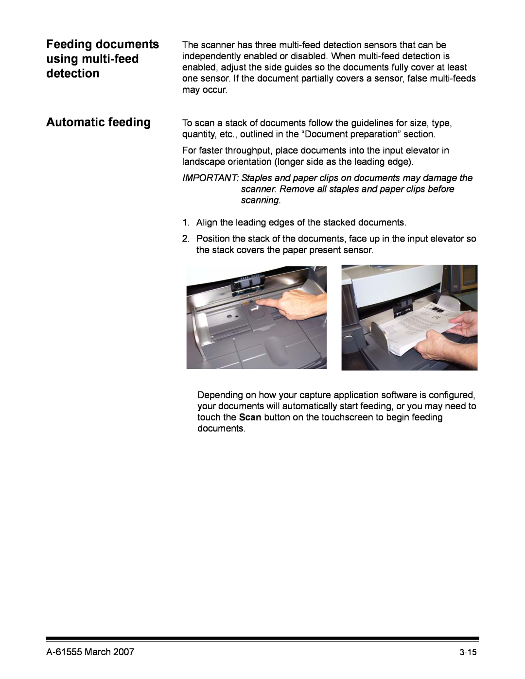 Kodak i1800 Series manual Automatic feeding, Feeding documents using multi-feeddetection 
