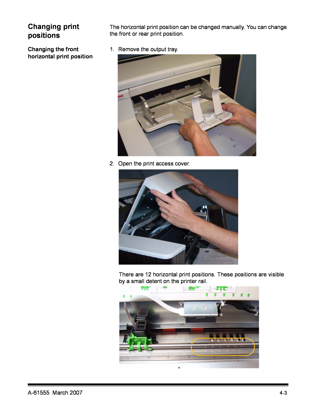 Kodak i1800 Series manual Changing print positions, Changing the front horizontal print position 