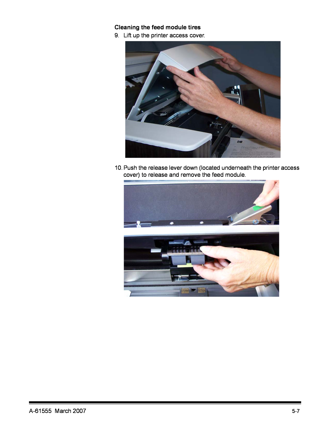 Kodak i1800 Series manual Cleaning the feed module tires, Lift up the printer access cover, A-61555March 