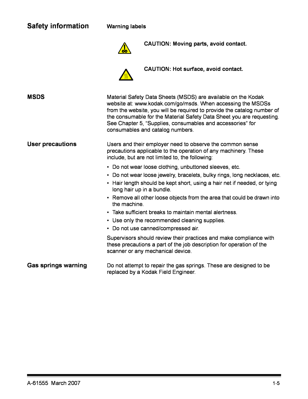 Kodak i1800 Series manual Safety information, Msds, User precautions, Gas springs warning, Warning labels 