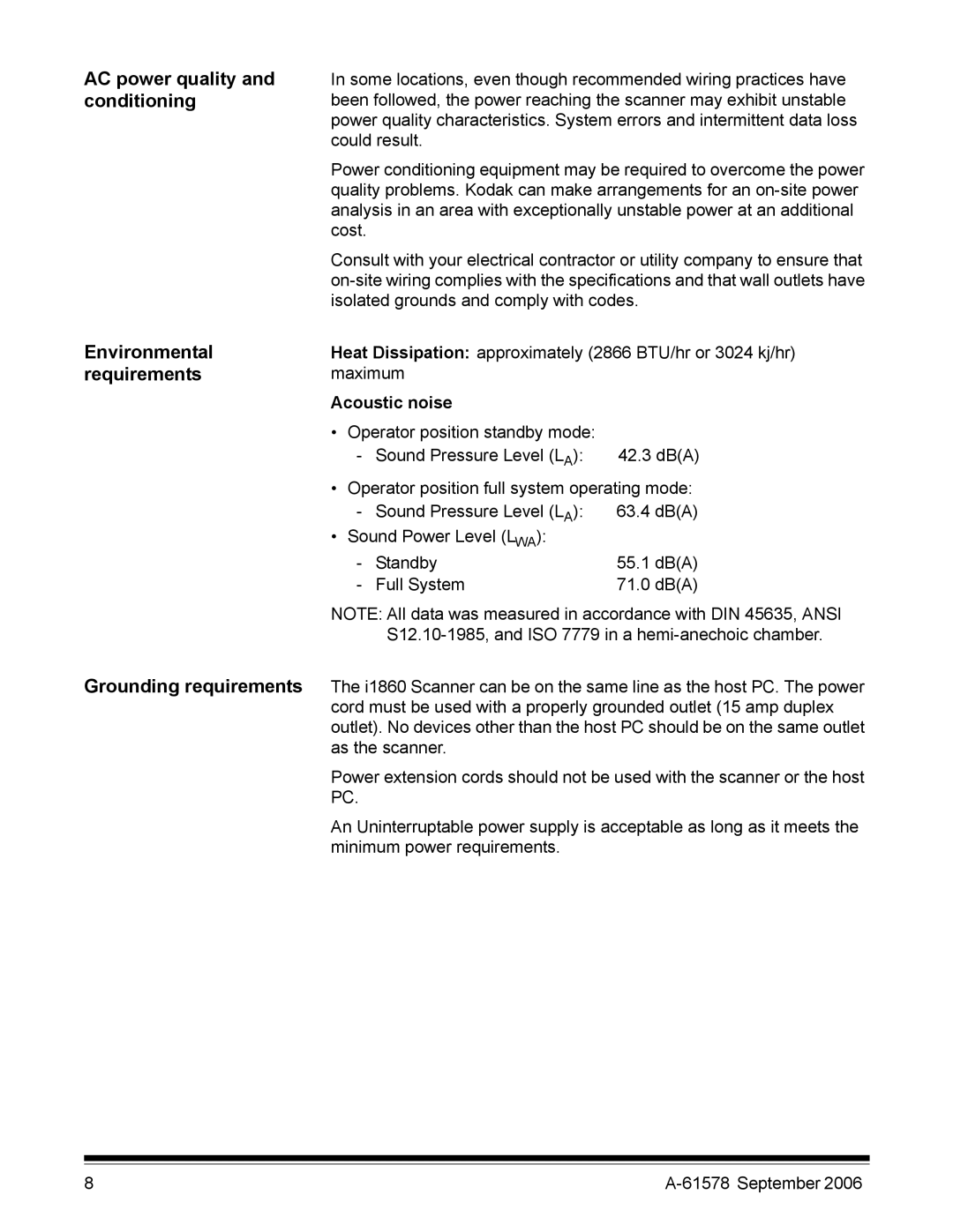 Kodak I1860 manual AC power quality, Conditioning, Environmental, Requirements, Acoustic noise 