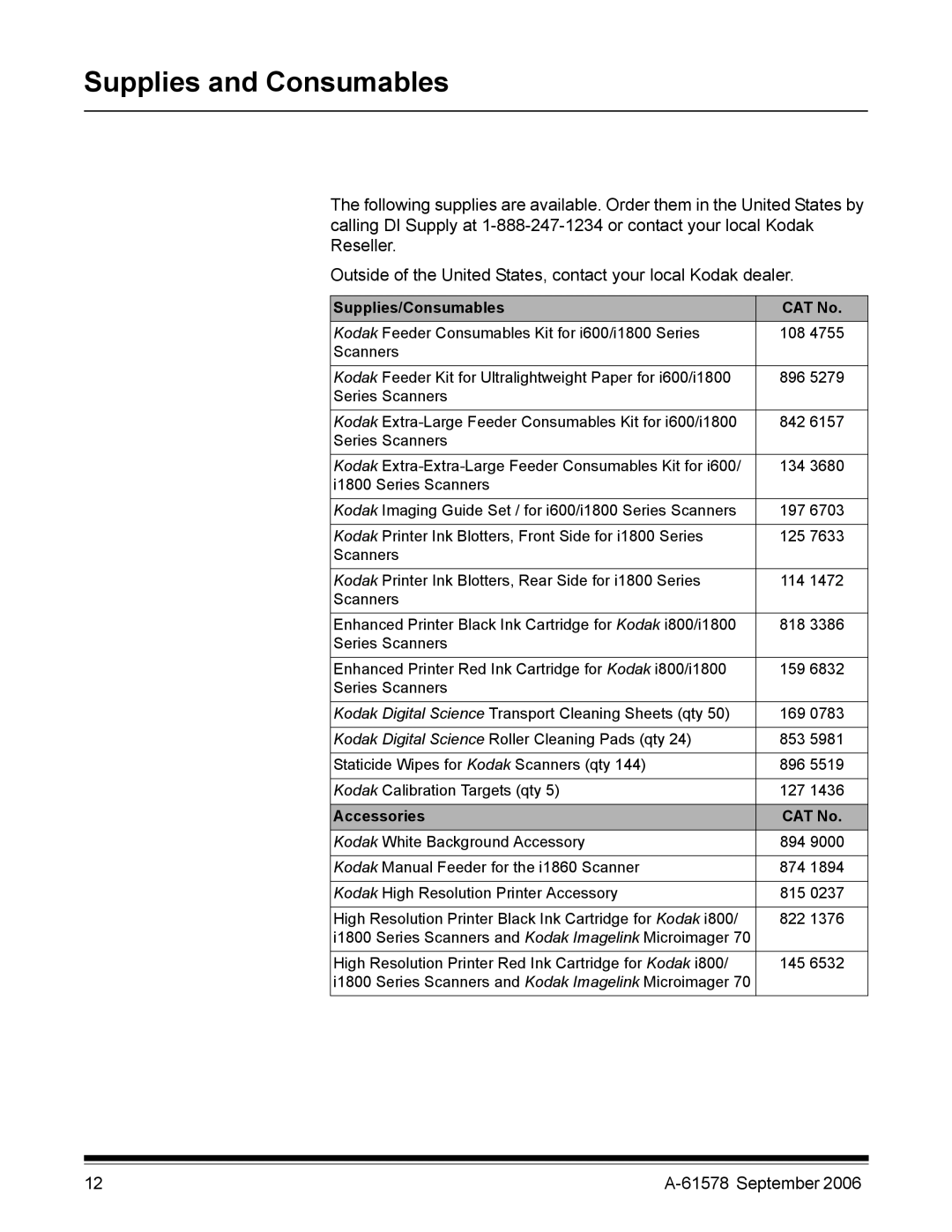 Kodak I1860 manual Supplies and Consumables, Supplies/Consumables CAT No 