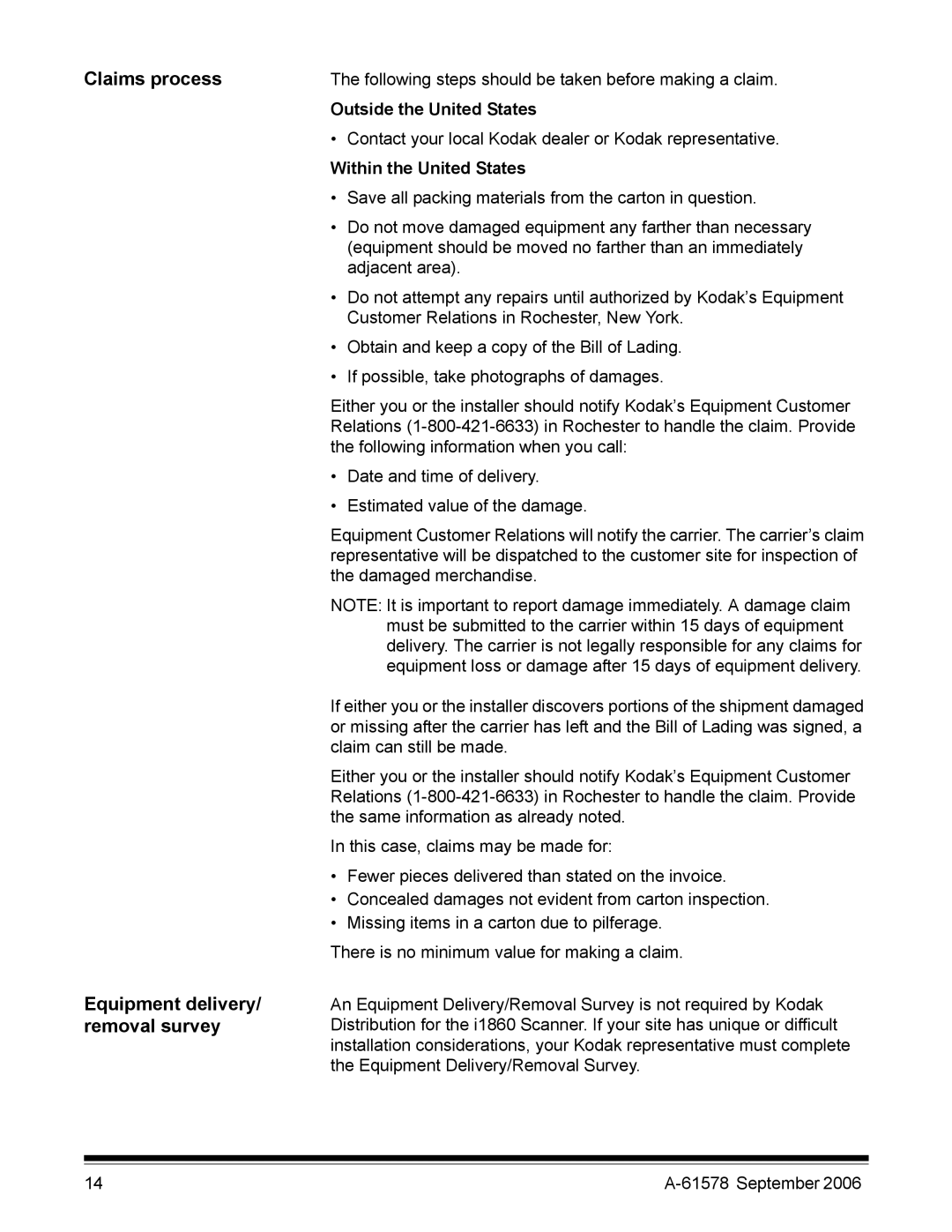 Kodak I1860 manual Claims process, Equipment delivery/ removal survey, Outside the United States, Within the United States 