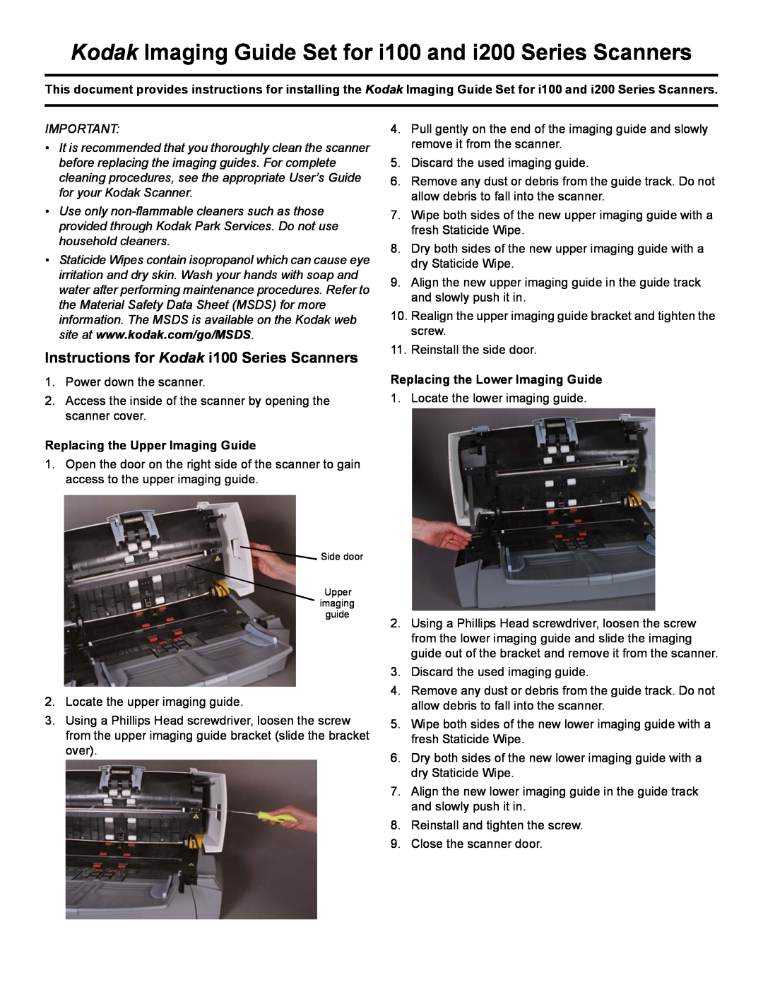 Kodak I200 manual Instructions for Kodak i100 Series Scanners, Replacing the Upper Imaging Guide 