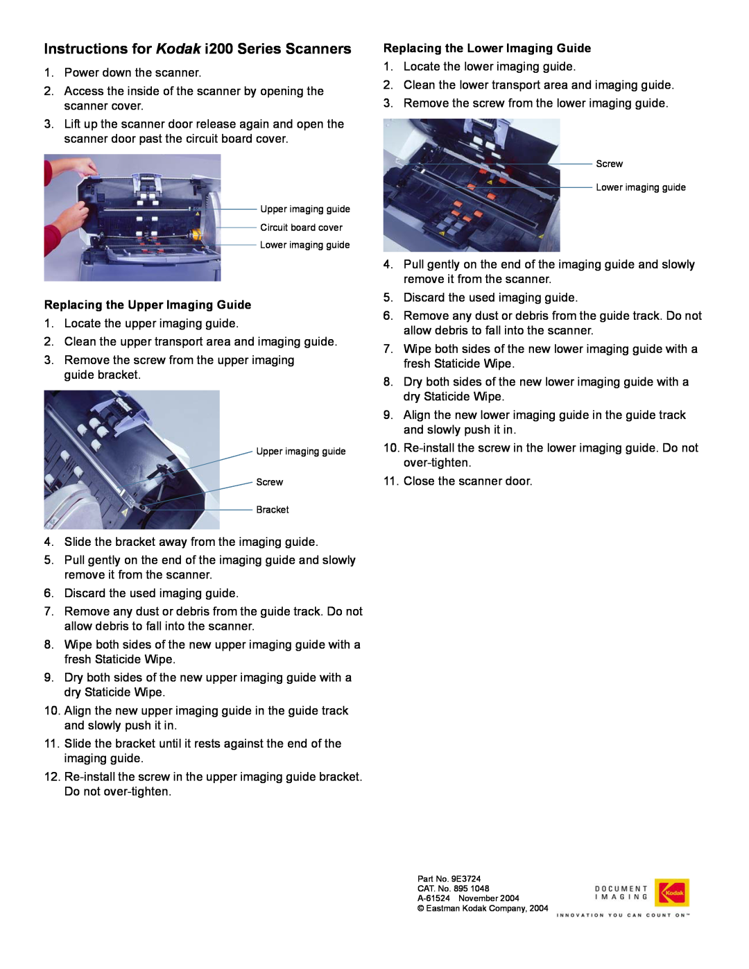Kodak I200 manual Instructions for Kodak i200 Series Scanners, Replacing the Upper Imaging Guide 