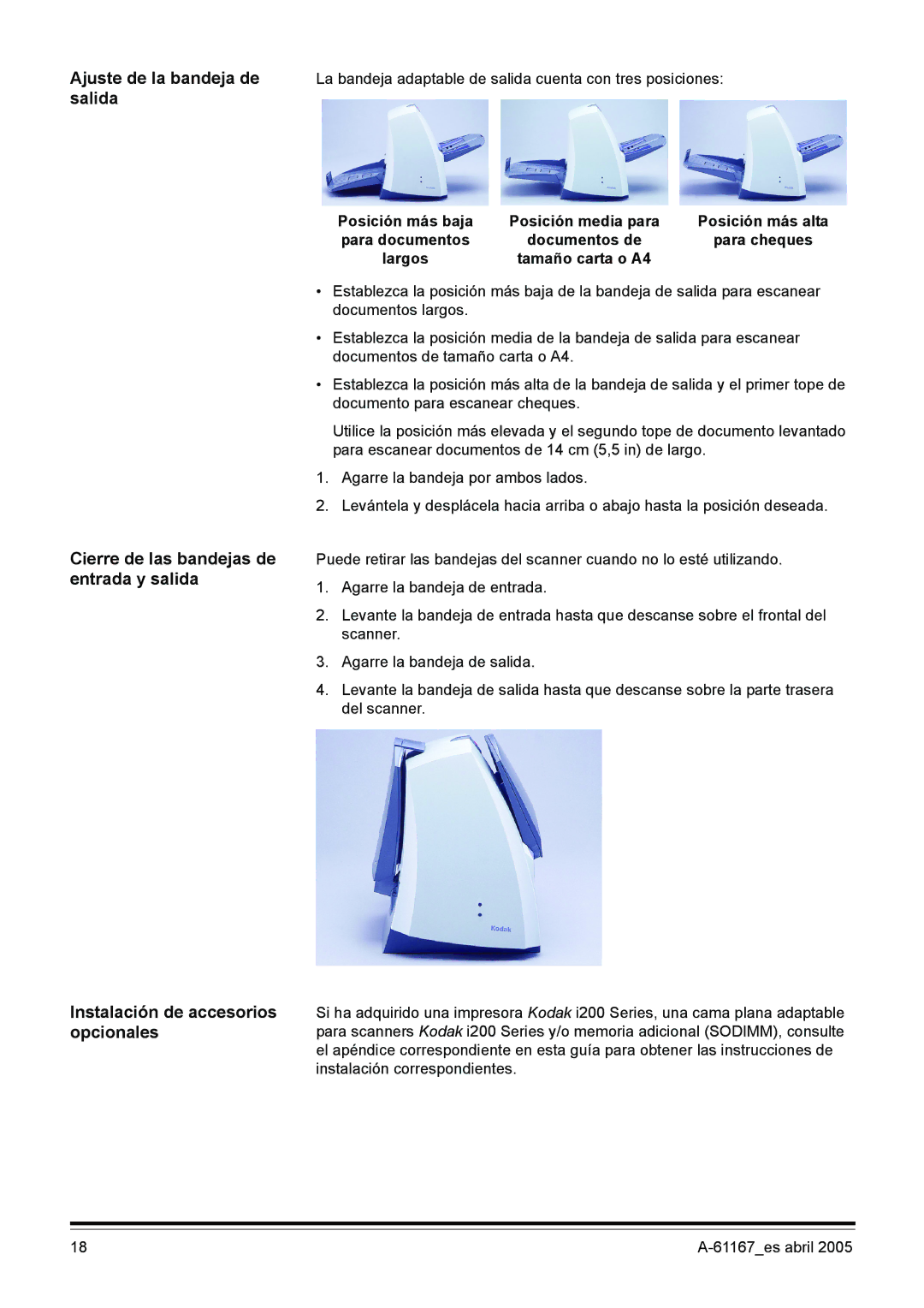 Kodak I200 Ajuste de la bandeja de salida, Posición más baja, Posición más alta, Para documentos Documentos de, Largos 