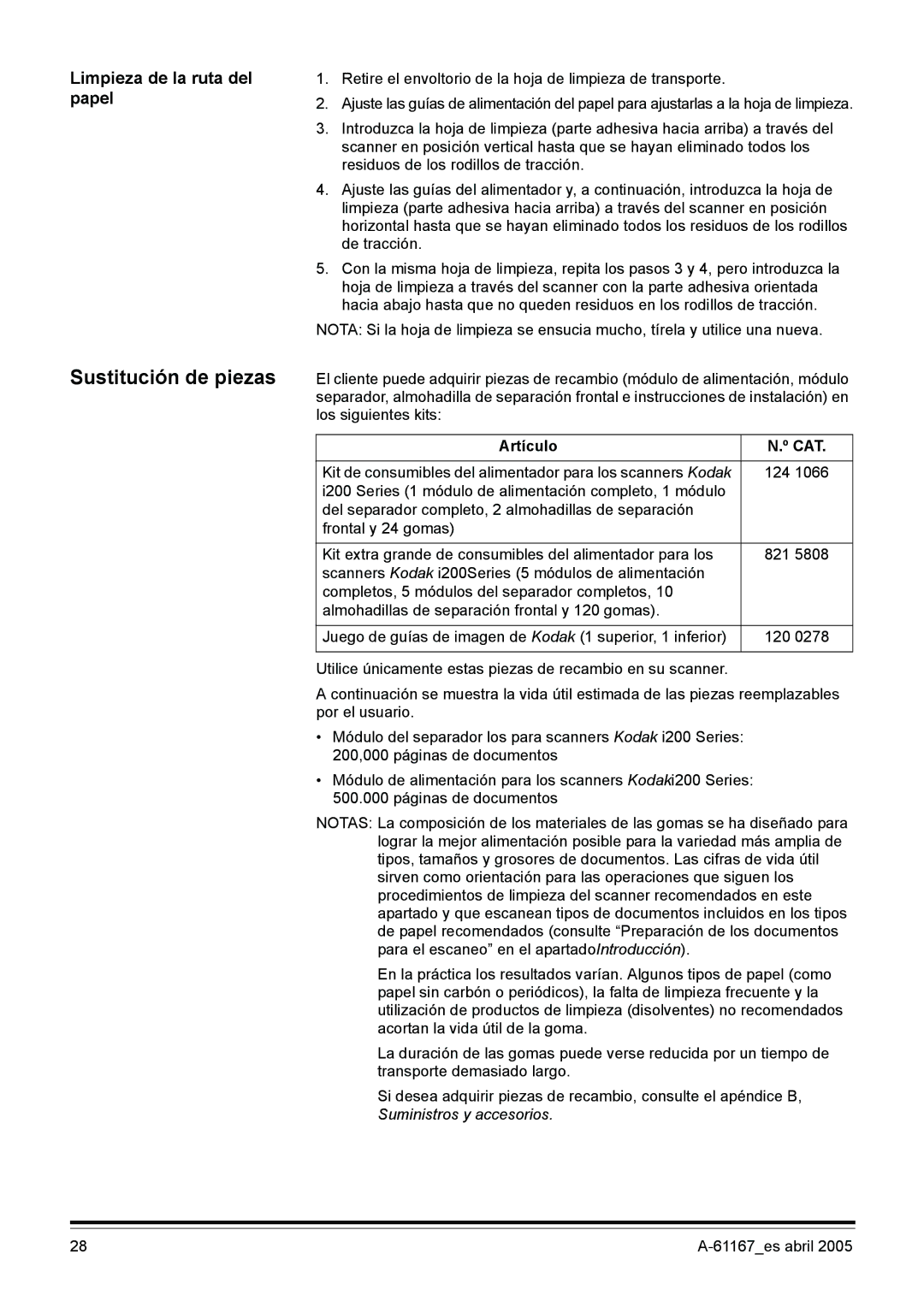 Kodak I200 manual Sustitución de piezas, Limpieza de la ruta del papel 