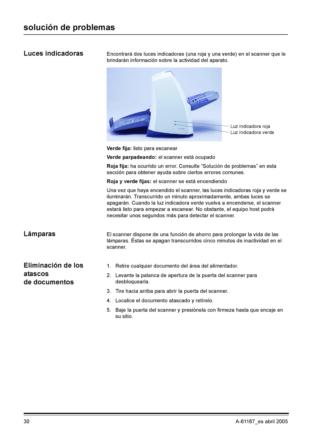 Kodak I200 manual Solución de problemas, Luces indicadoras, Lámparas Eliminación de los atascos De documentos 