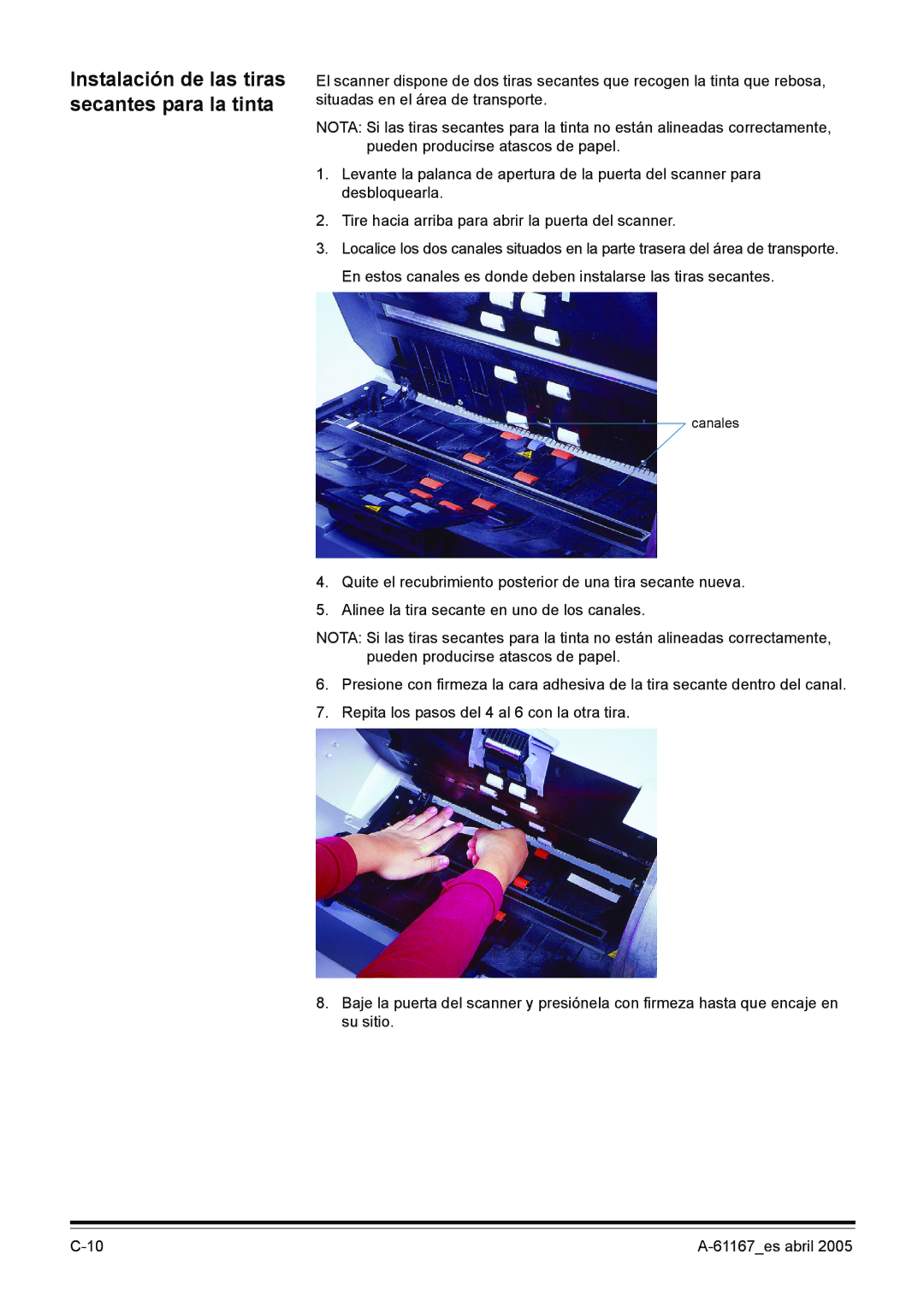 Kodak I200 manual Instalación de las tiras secantes para la tinta 