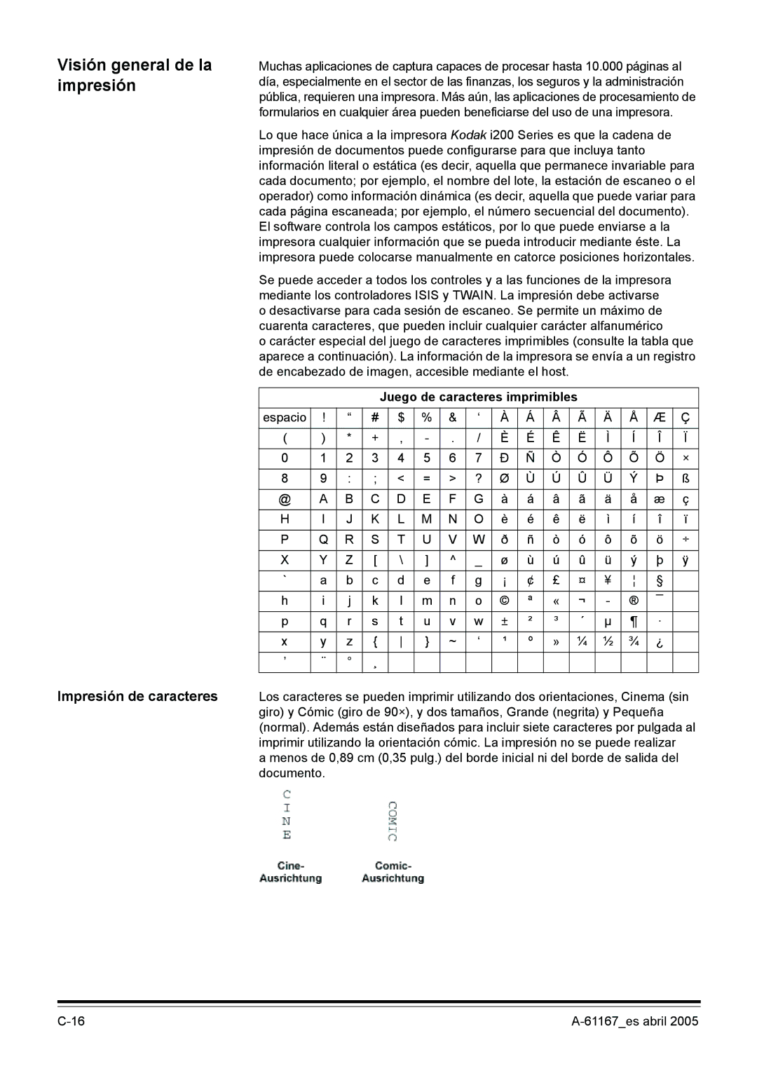 Kodak I200 manual Visión general de la impresión, Impresión de caracteres, Juego de caracteres imprimibles 