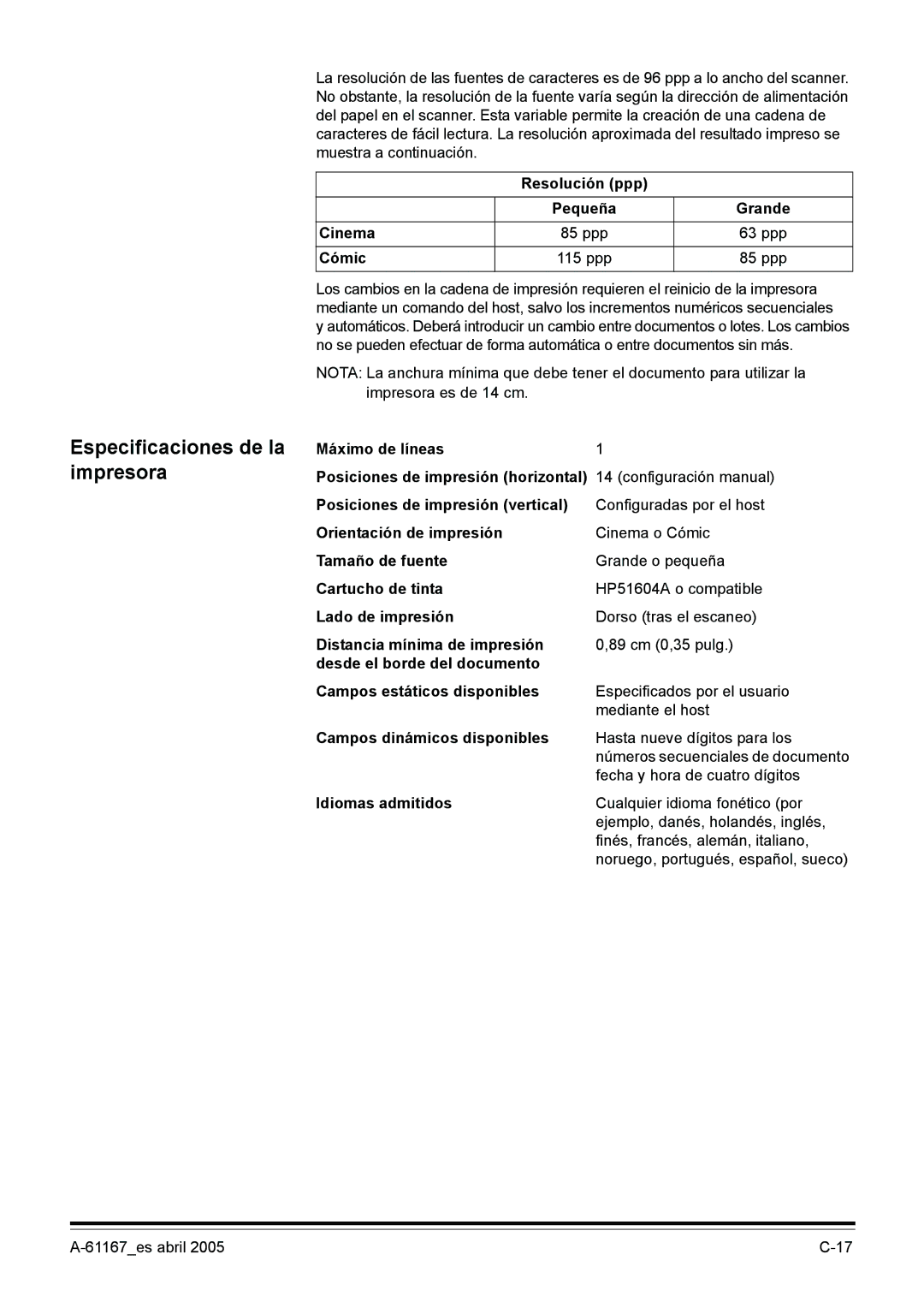 Kodak I200 manual Especificaciones de la impresora, Idiomas admitidos 