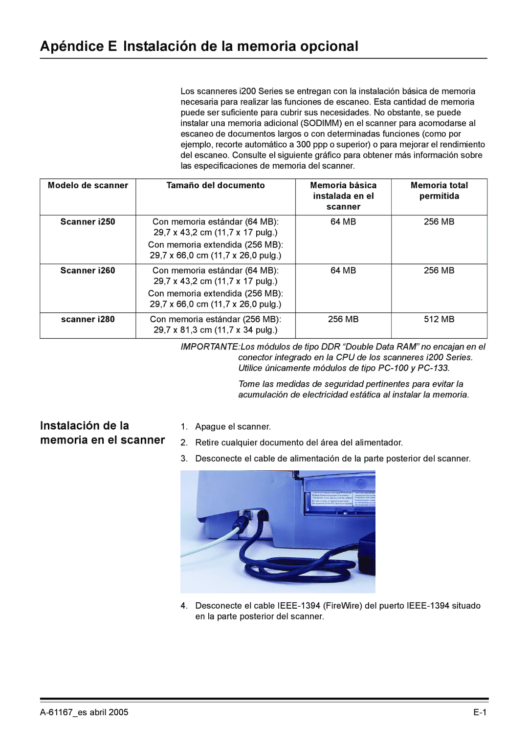 Kodak I200 manual Apéndice E Instalación de la memoria opcional, Instalación de la memoria en el scanner 