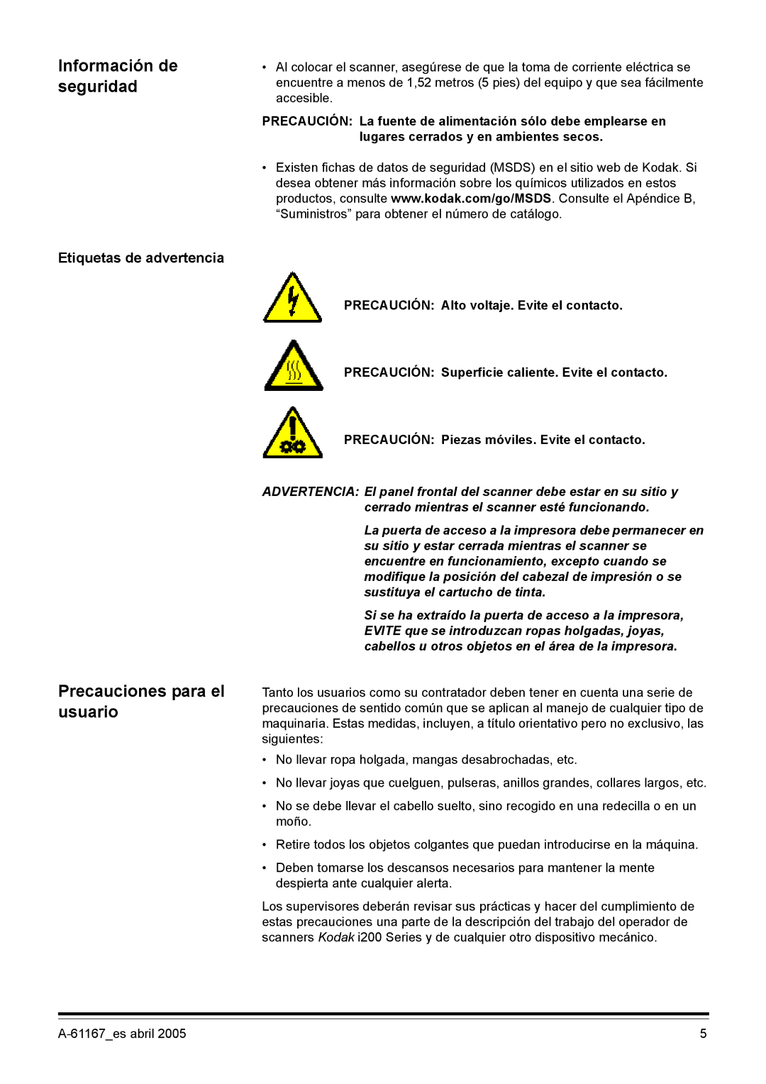 Kodak I200 manual Información de seguridad, Precauciones para el usuario, Etiquetas de advertencia 