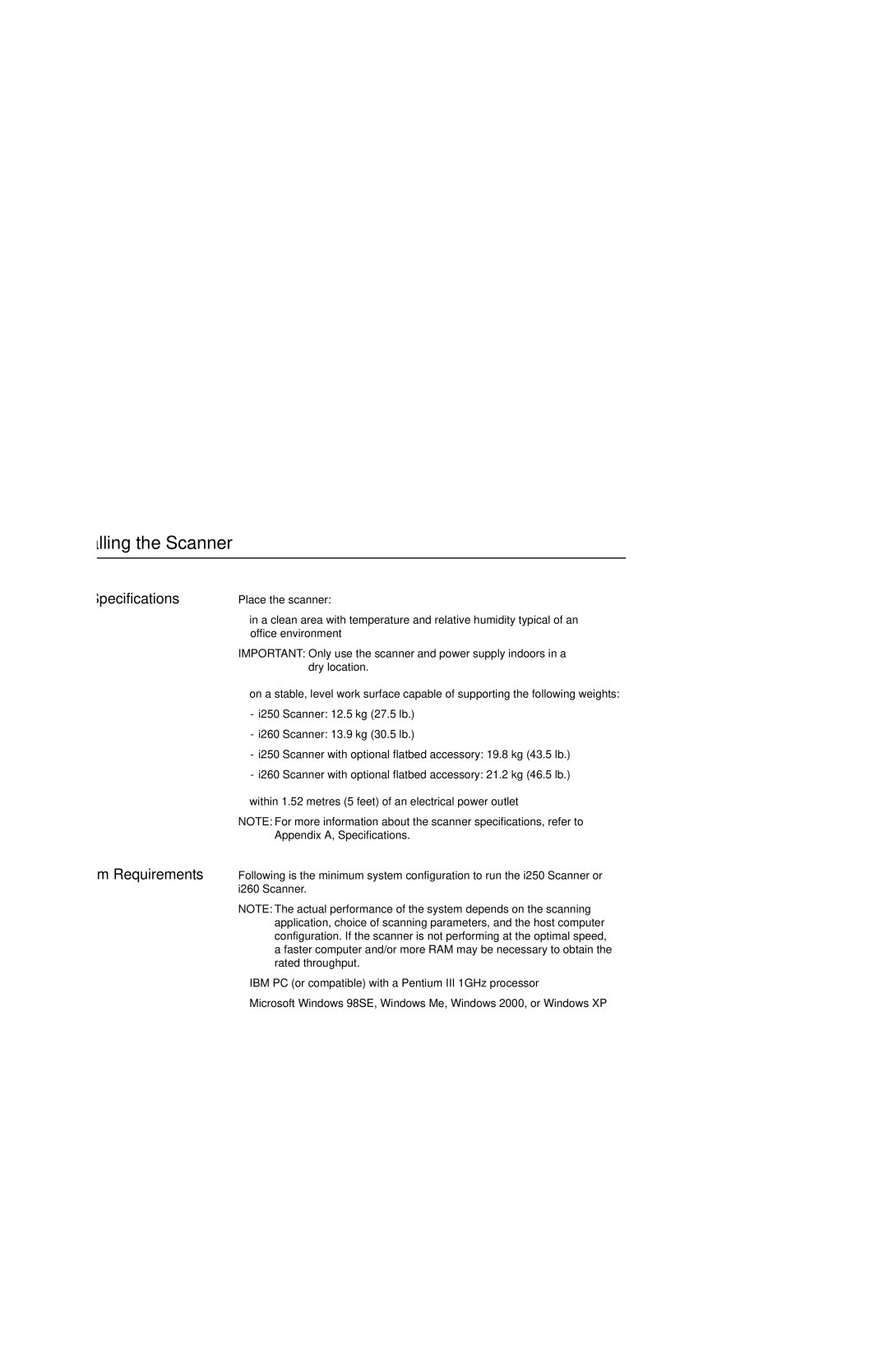 Kodak i250, i260 manual Installing the Scanner, Site Specifications System Requirements 