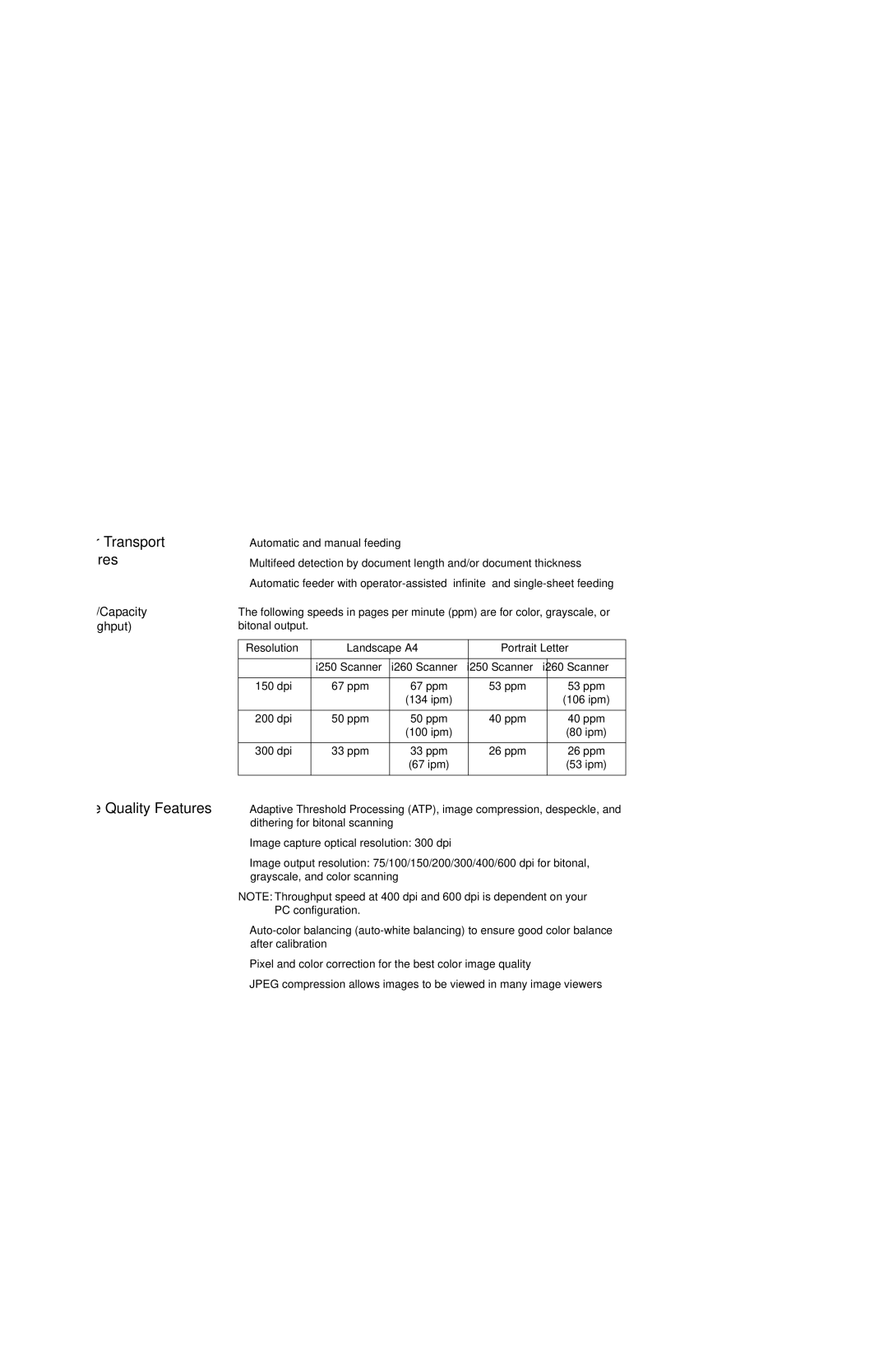 Kodak i260, i250 manual Paper Transport Features, Maintenance, Speed/Capacity Throughput, 200 dpi, 300 dpi 