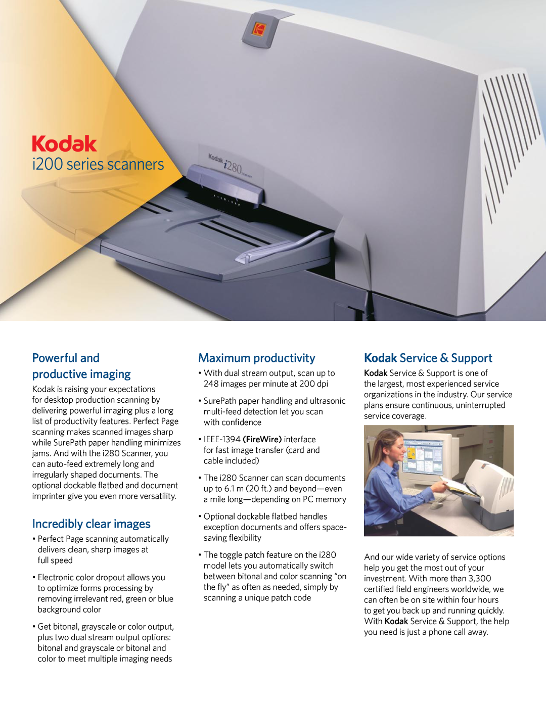 Kodak i280 manual i200 series scanners, Incredibly clear images, Maximum productivity, Kodak Service & Support 