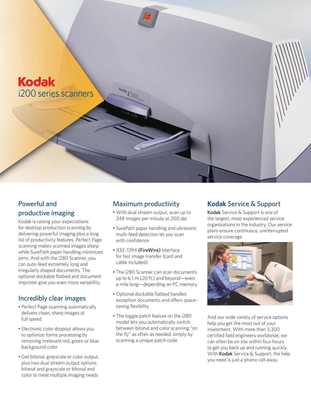 Kodak i280 manual Incredibly clear images, Maximum productivity, Kodak Service & Support 