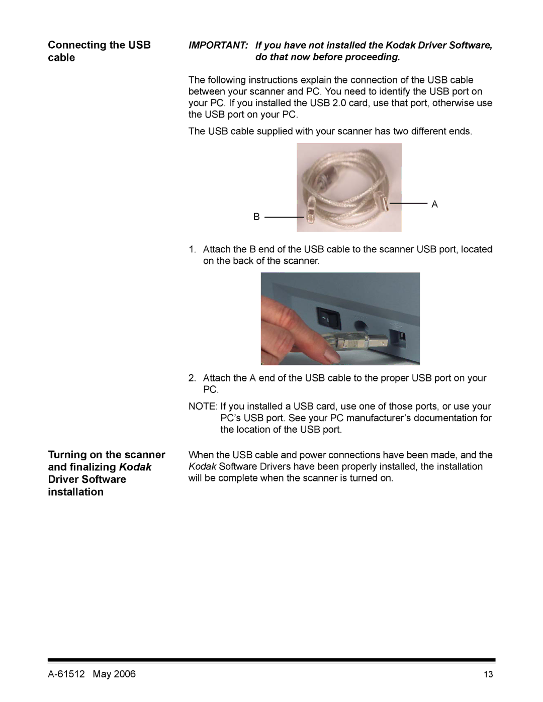 Kodak i30 / i40 manual Connecting the USB, Cable 