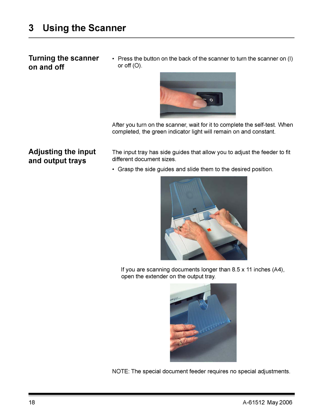 Kodak i30 / i40 manual Turning the scanner on and off, Adjusting the input and output trays 